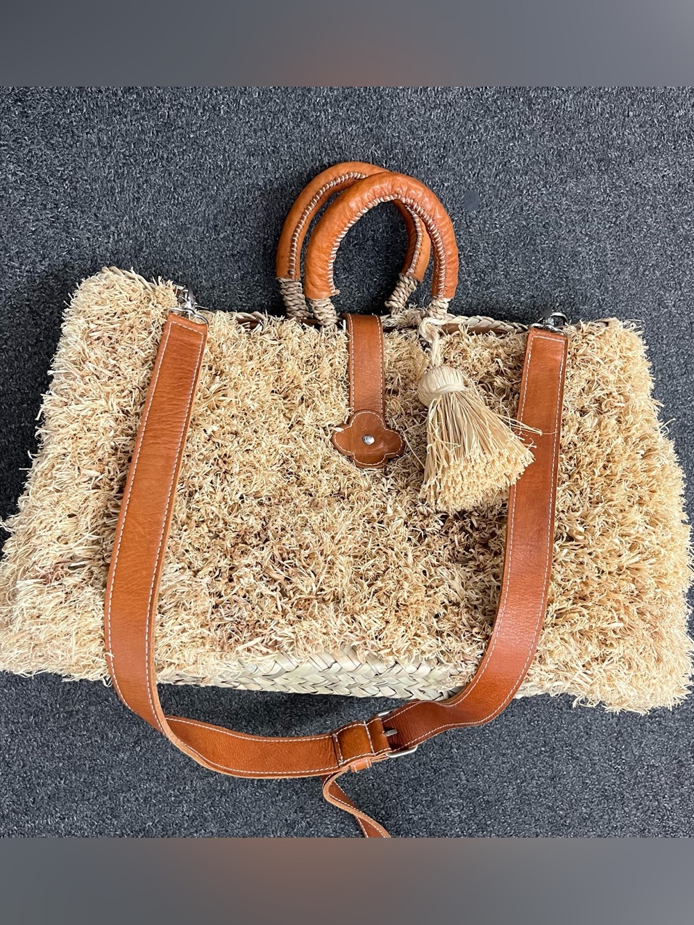 Natural Raffia Tote with Tan Leather Trim and Tassel